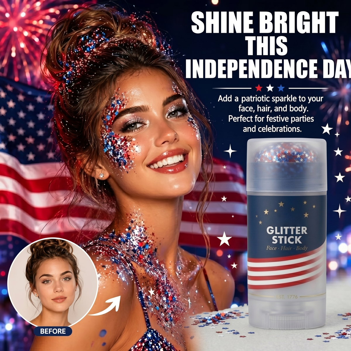 🦅4th of July Glitter Stick✨Red, White & Blue Body & Hair Sparkle.