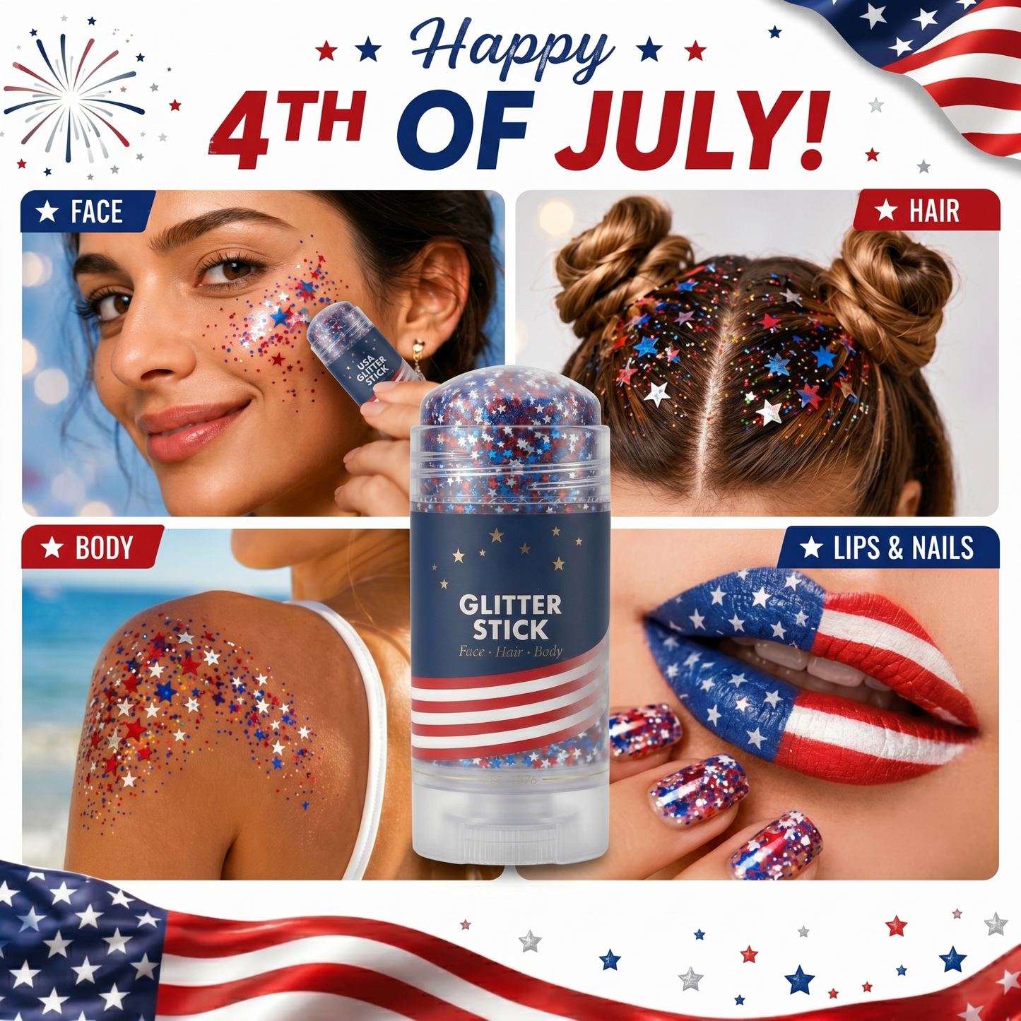 🦅4th of July Glitter Stick✨Red, White & Blue Body & Hair Sparkle.