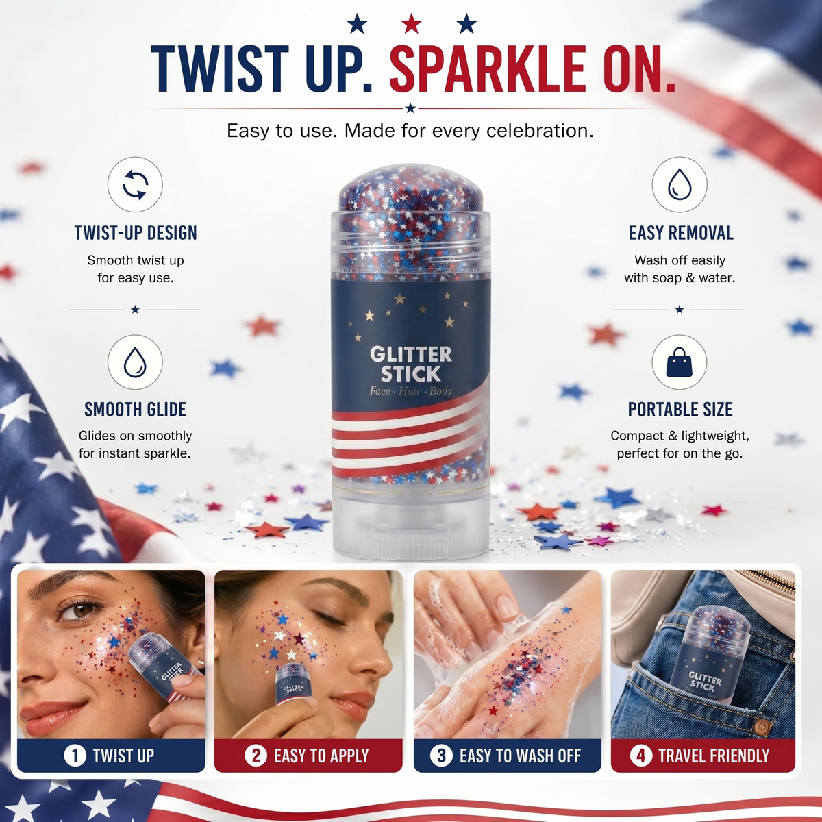 🦅4th of July Glitter Stick✨Red, White & Blue Body & Hair Sparkle.