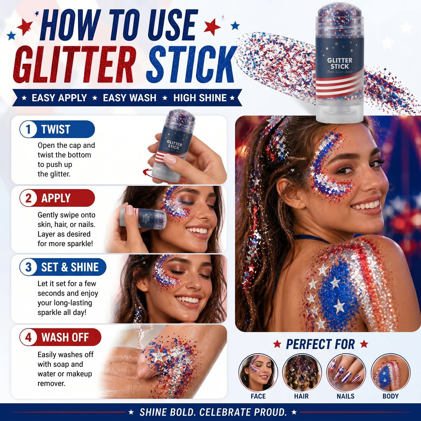 🦅4th of July Glitter Stick✨Red, White & Blue Body & Hair Sparkle.