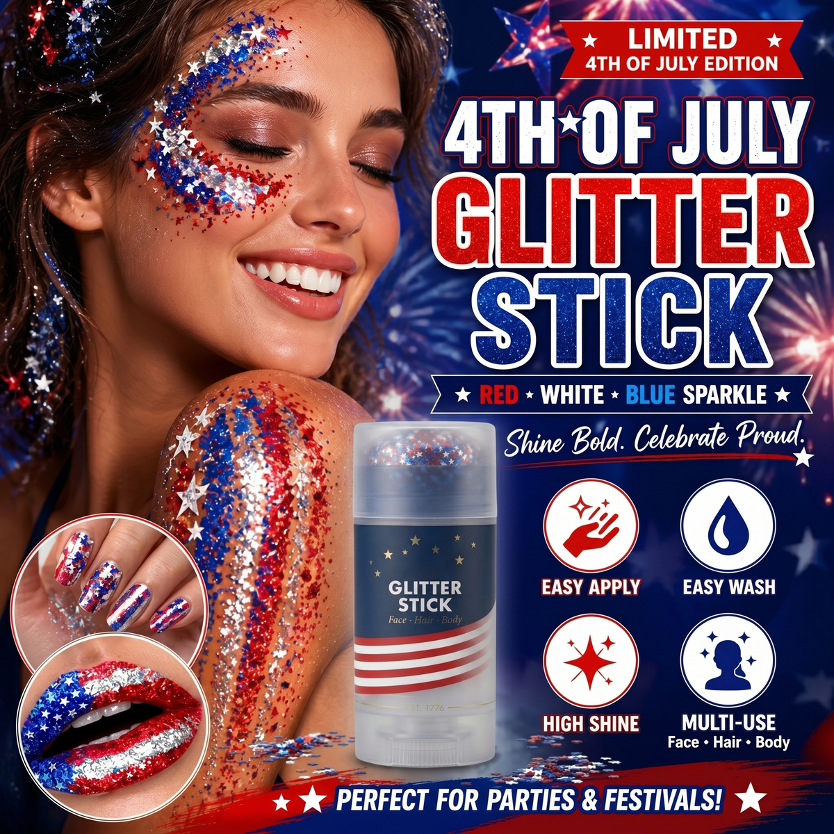 🦅4th of July Glitter Stick✨Red, White & Blue Body & Hair Sparkle.