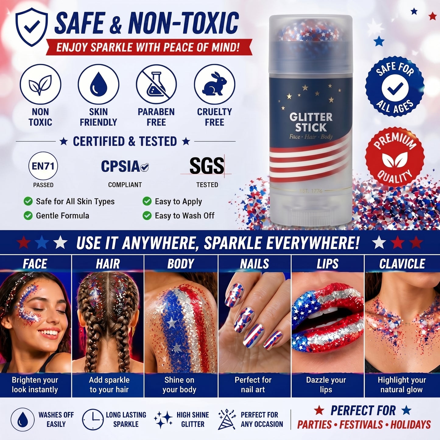 🦅4th of July Glitter Stick✨Red, White & Blue Body & Hair Sparkle.